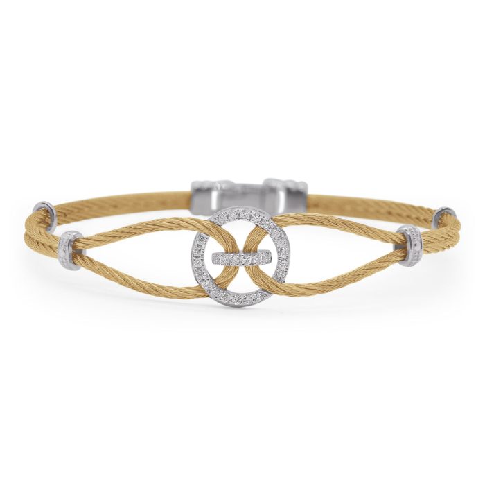 ALOR Open Lasso Stainless Steel and 18k White Gold Diamond Yellow Cable Bracelet