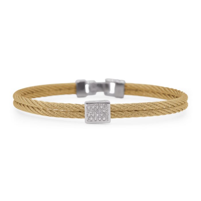 ALOR Stainless Steel and White Gold Diamond Single Cube Station Bangle in Yellow