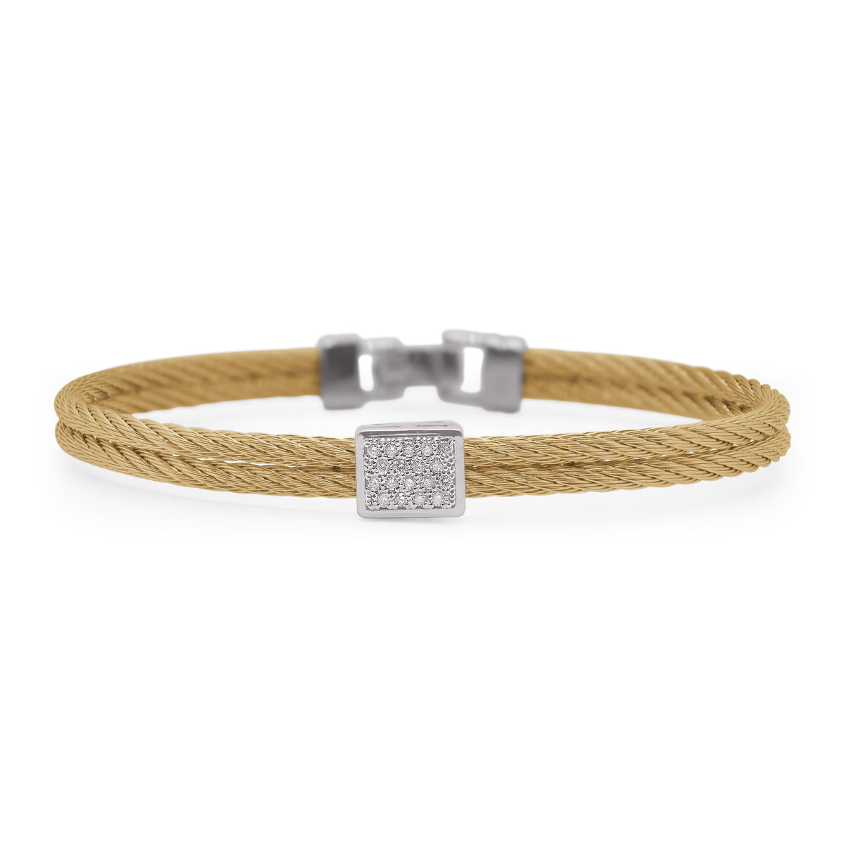 ALOR Stainless Steel and White Gold Diamond Single Cube Station Bangle in Yellow