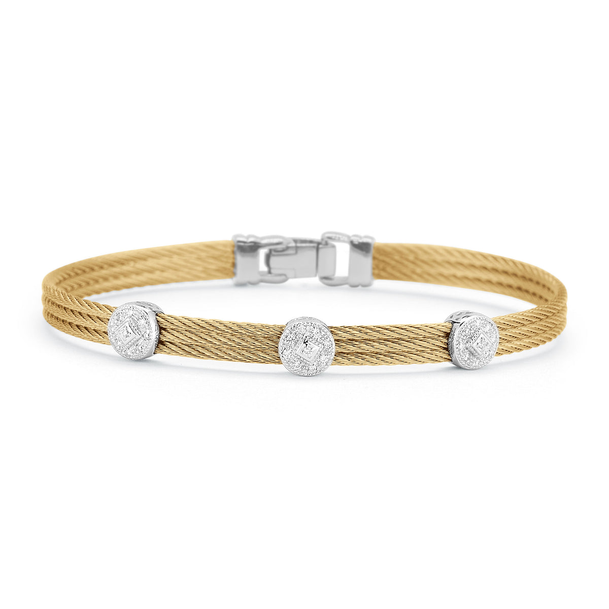 ALOR Classic Stackable Triple Round Station Diamond Bracelet in Yellow Stainless Steel and 18k White Gold