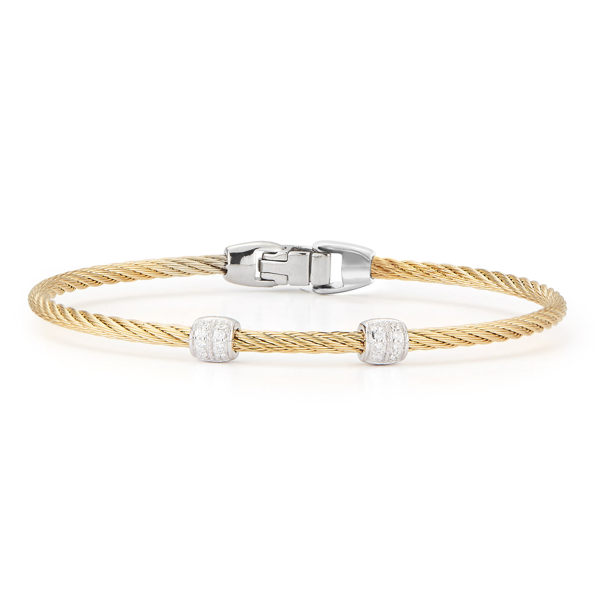 ALOR Double Barrel Stainless Steel and 18k Gold Diamond Yellow Cable Bracelet