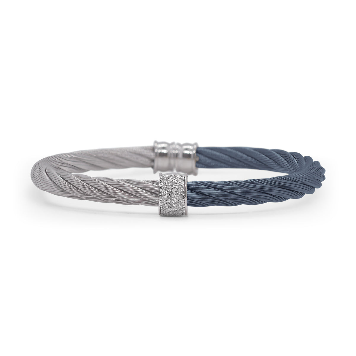 ALOR Stainless Steel and 18k White Gold Diamond 5mm Single Barrel Cuff in Blueberry and Grey
