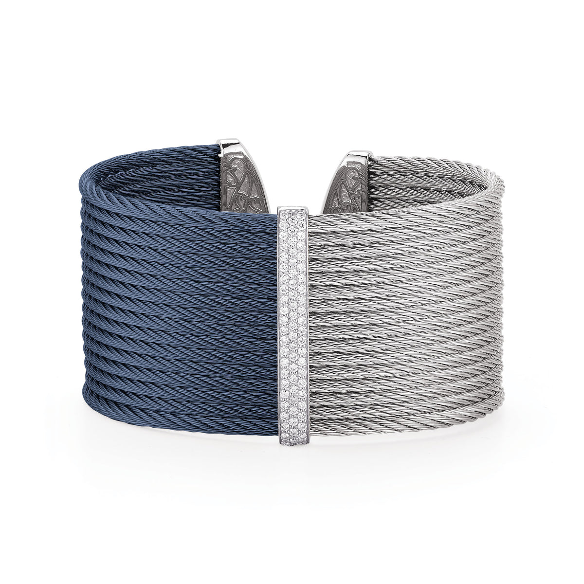 ALOR Signature Large Stainless Steel and 18k White Gold Diamond Blueberry and Grey Cable Cuff