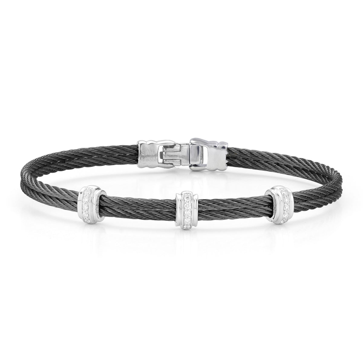 ALOR Fused Triple Station Black Stainless Steel and 18k White Gold Diamond Bangle