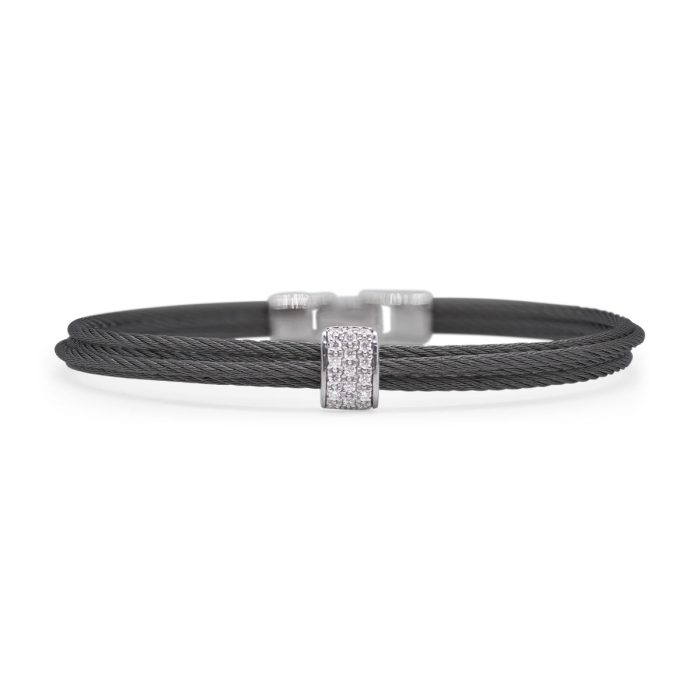ALOR Simple Stack Stainless Steel and White Gold Diamond Black Cable Bracelet