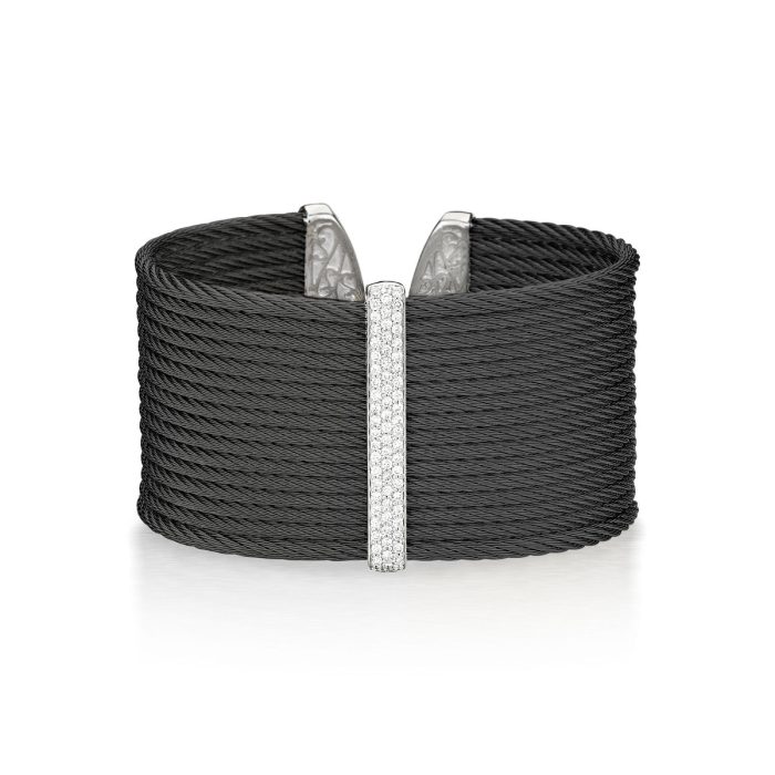 ALOR Signature Large Black Stainless Steel and 18k White Gold Diamond Cable Cuff