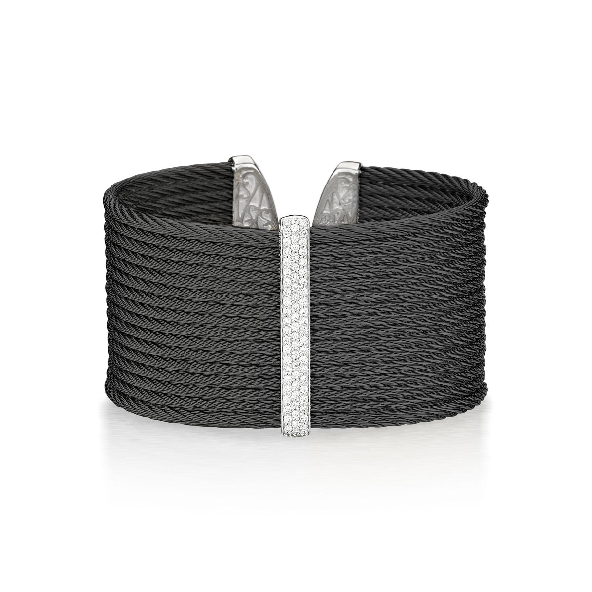 ALOR Signature Large Black Stainless Steel and 18k White Gold Diamond Cable Cuff