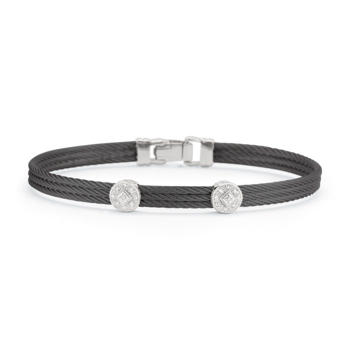 ALOR Classic Stackable Double Round Station Diamond Bracelet in Black Stainless Steel and 18k White Gold