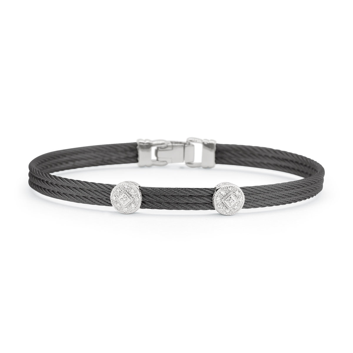 ALOR Classic Stackable Double Round Station Diamond Bracelet in Black Stainless Steel and 18k White Gold