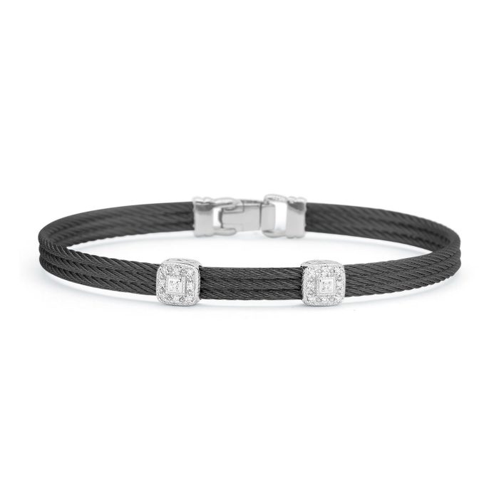 ALOR Classic Stackable Double Square Station Diamond Bracelet in Black Stainless Steel and 18k White Gold