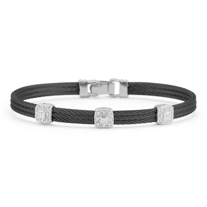 ALOR Classic Stackable Triple Square Station Diamond Bracelet in Black Stainless Steel and 18k White Gold