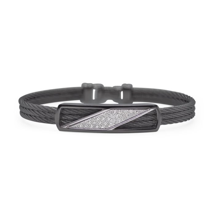 ALOR Stainless Steel and 18k White Gold Black Cable Bangle