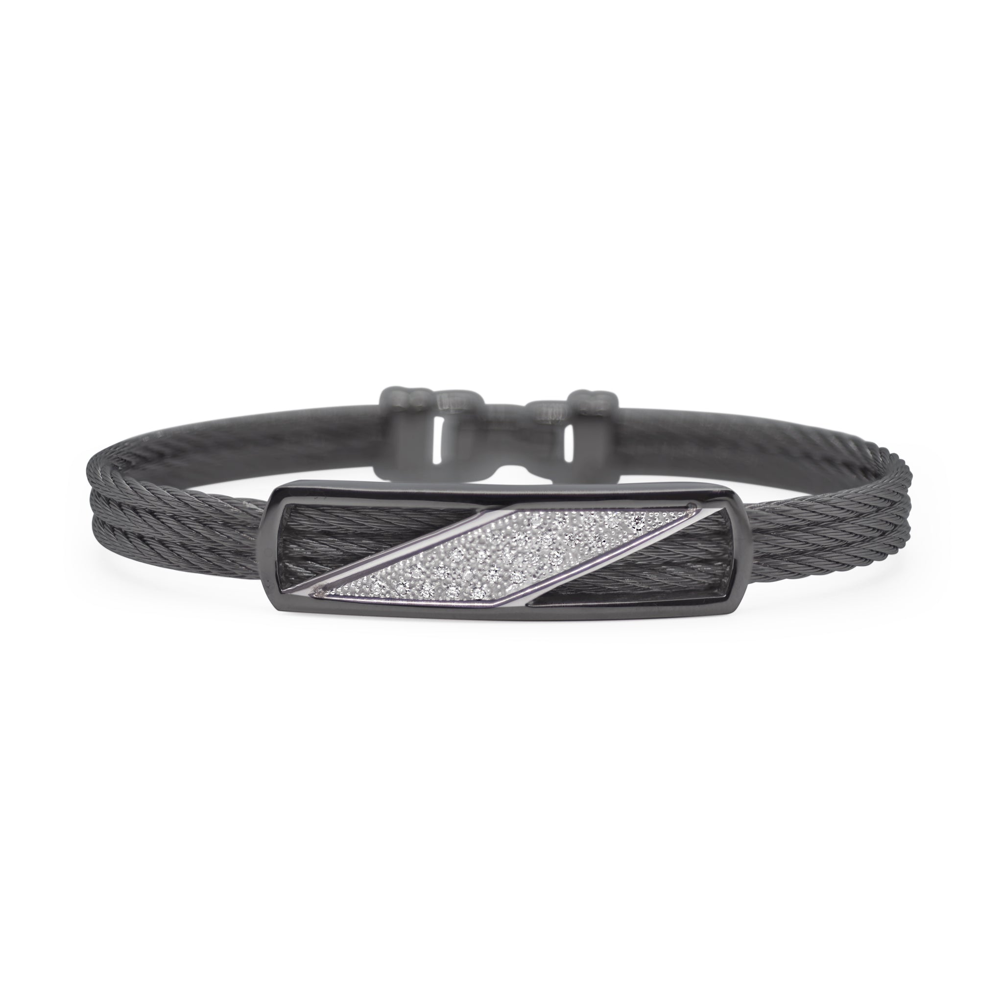 ALOR Stainless Steel and 18k White Gold Black Cable Bangle