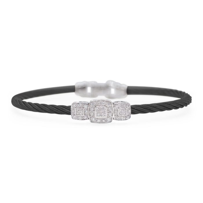 ALOR Stainless Steel and White Gold Diamond Triple Cushion Station Bracelet in Black