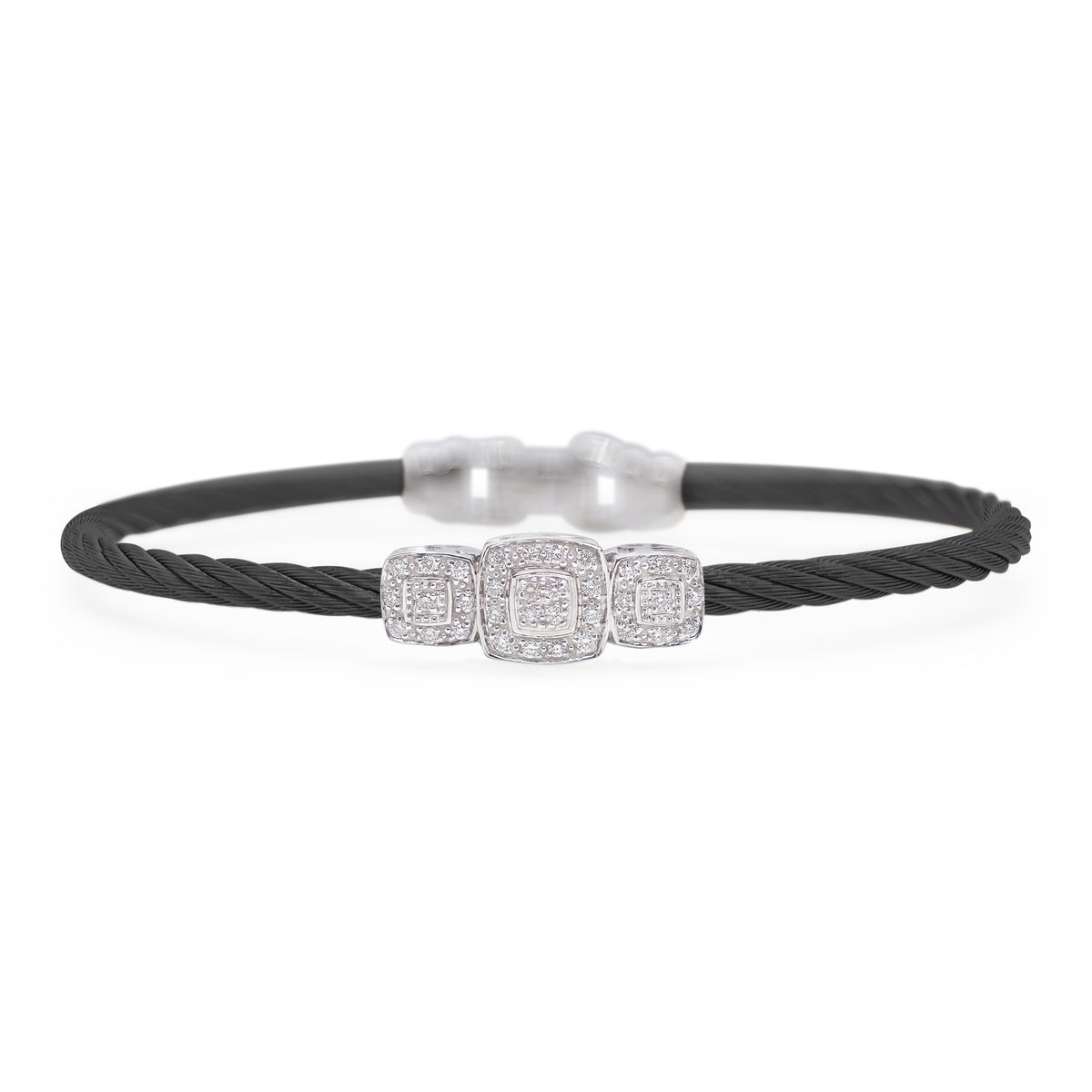 ALOR Stainless Steel and White Gold Diamond Triple Cushion Station Bracelet in Black
