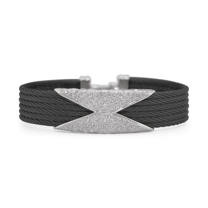 ALOR Stainless Steel and 18k White Gold Diamond 6-Row Hourglass Bangle in Black