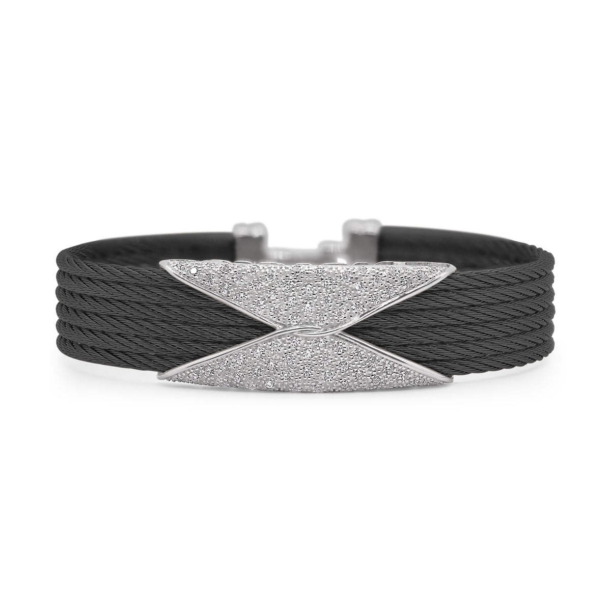ALOR Stainless Steel and 18k White Gold Diamond 6-Row Hourglass Bangle in Black