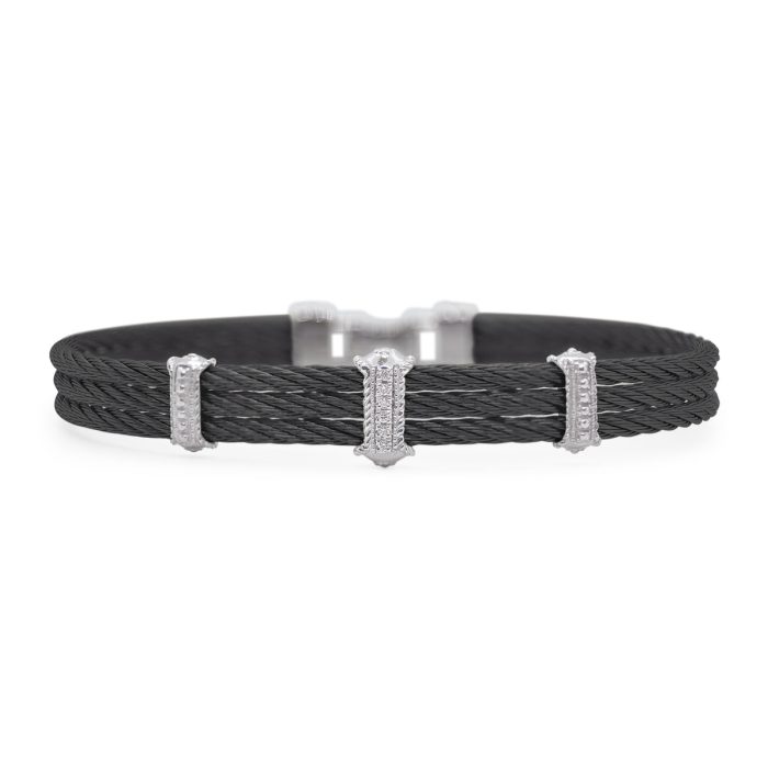 ALOR Stainless Steel and White Gold Diamond Triple Station Bracelet in Black