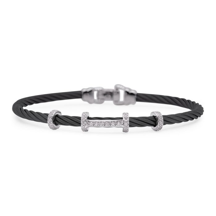 ALOR Stainless Steel and 14k White Gold Diamond Wide Halo Harmony Bracelet in Black