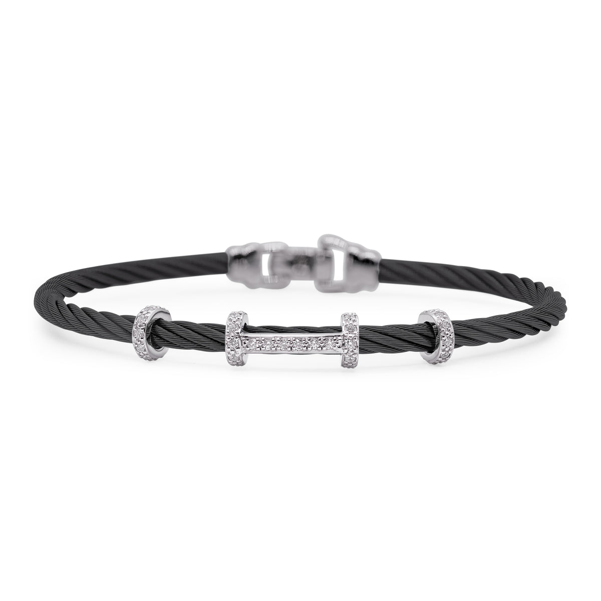 ALOR Stainless Steel and 14k White Gold Diamond Wide Halo Harmony Bracelet in Black