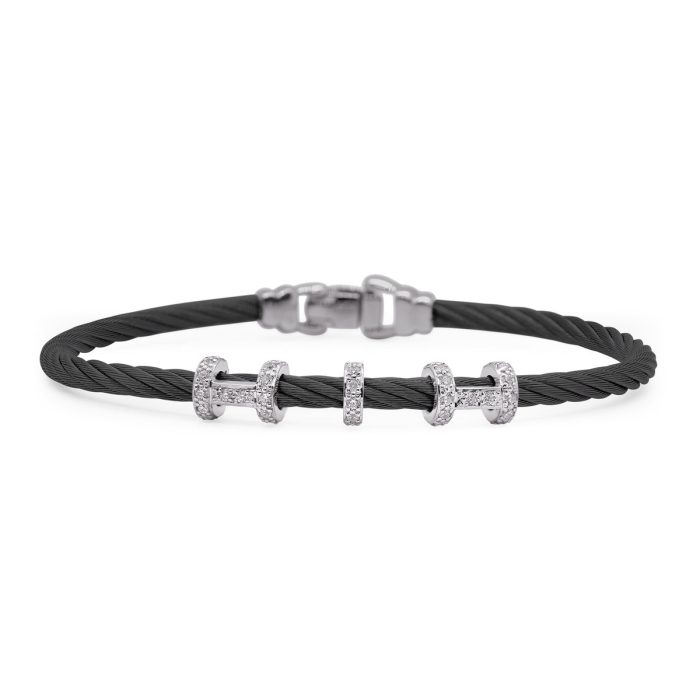 ALOR Stainless Steel and 14k White Gold Diamond Halo Harmony Bracelet in Black