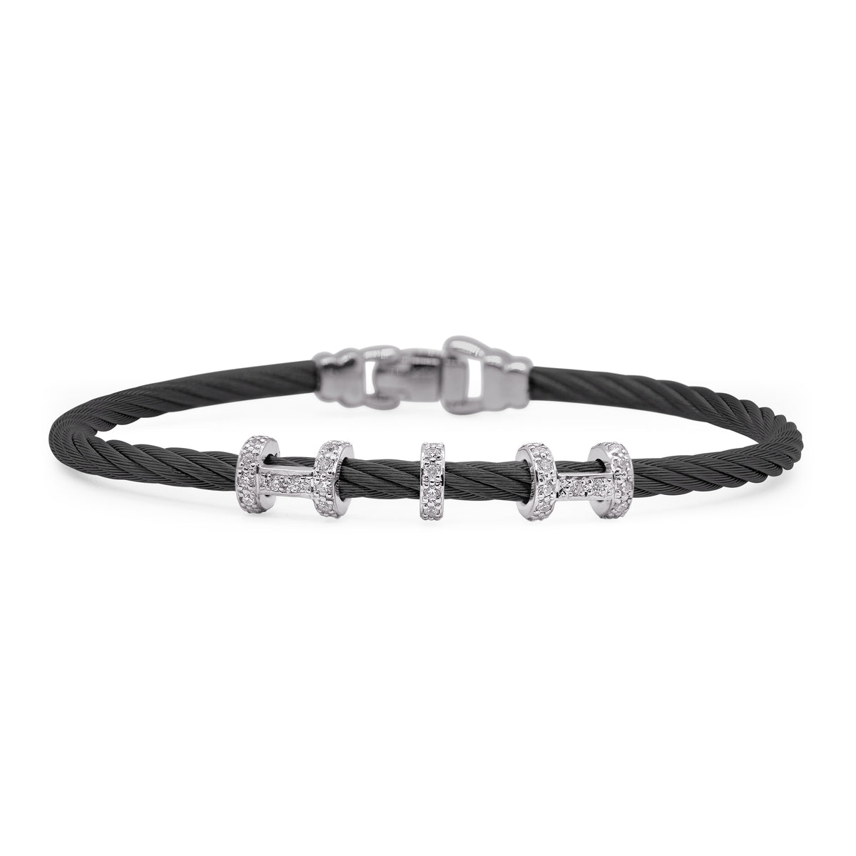 ALOR Stainless Steel and 14k White Gold Diamond Halo Harmony Bracelet in Black