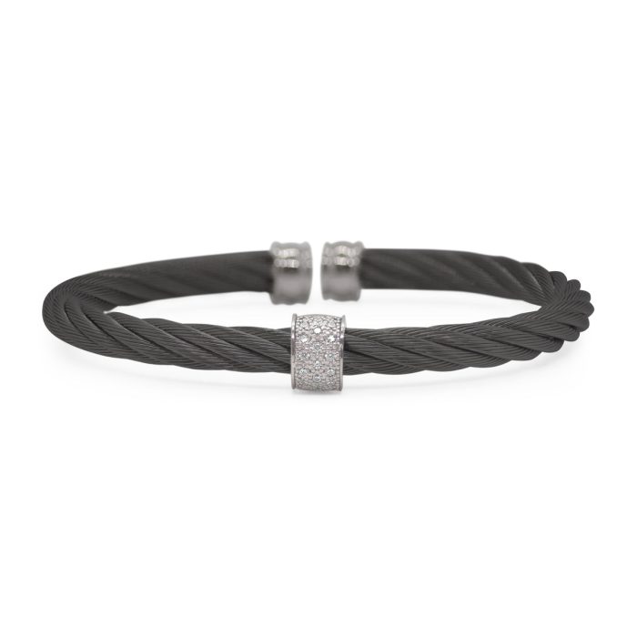 ALOR 5mm Single Barrel Stainless Steel and 14k White Gold Diamond Black Cable Cuff