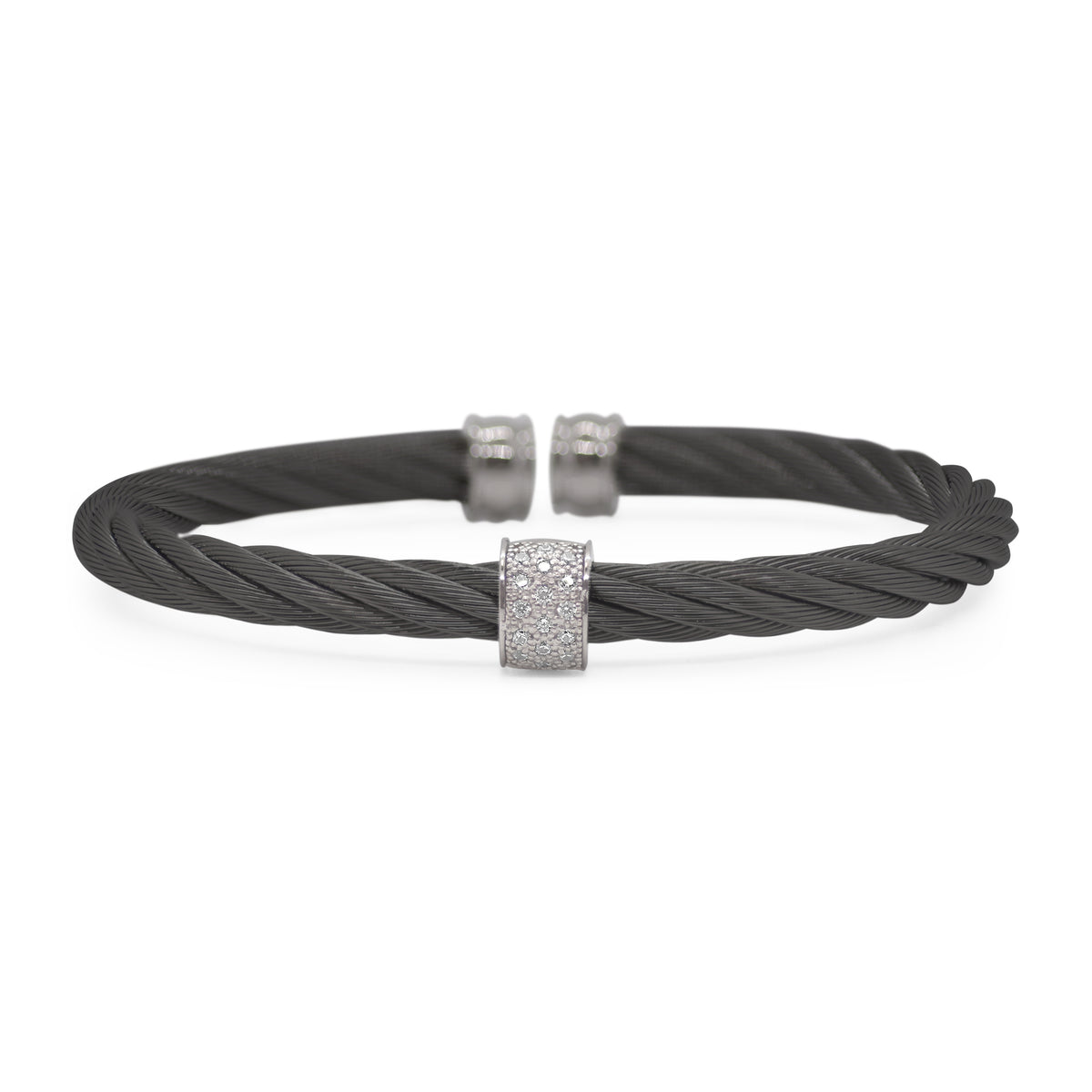 ALOR 5mm Single Barrel Stainless Steel and 14k White Gold Diamond Black Cable Cuff