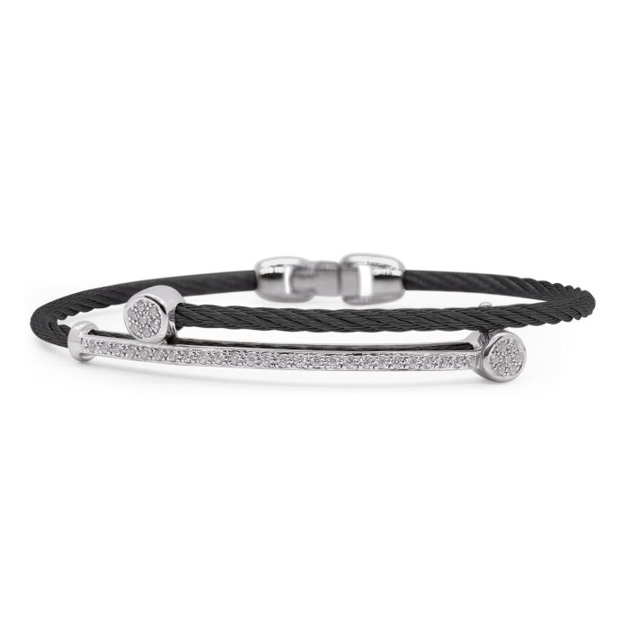 ALOR Stainless Steel and 14k White Gold Diamond Shift Bar Bracelet in Black