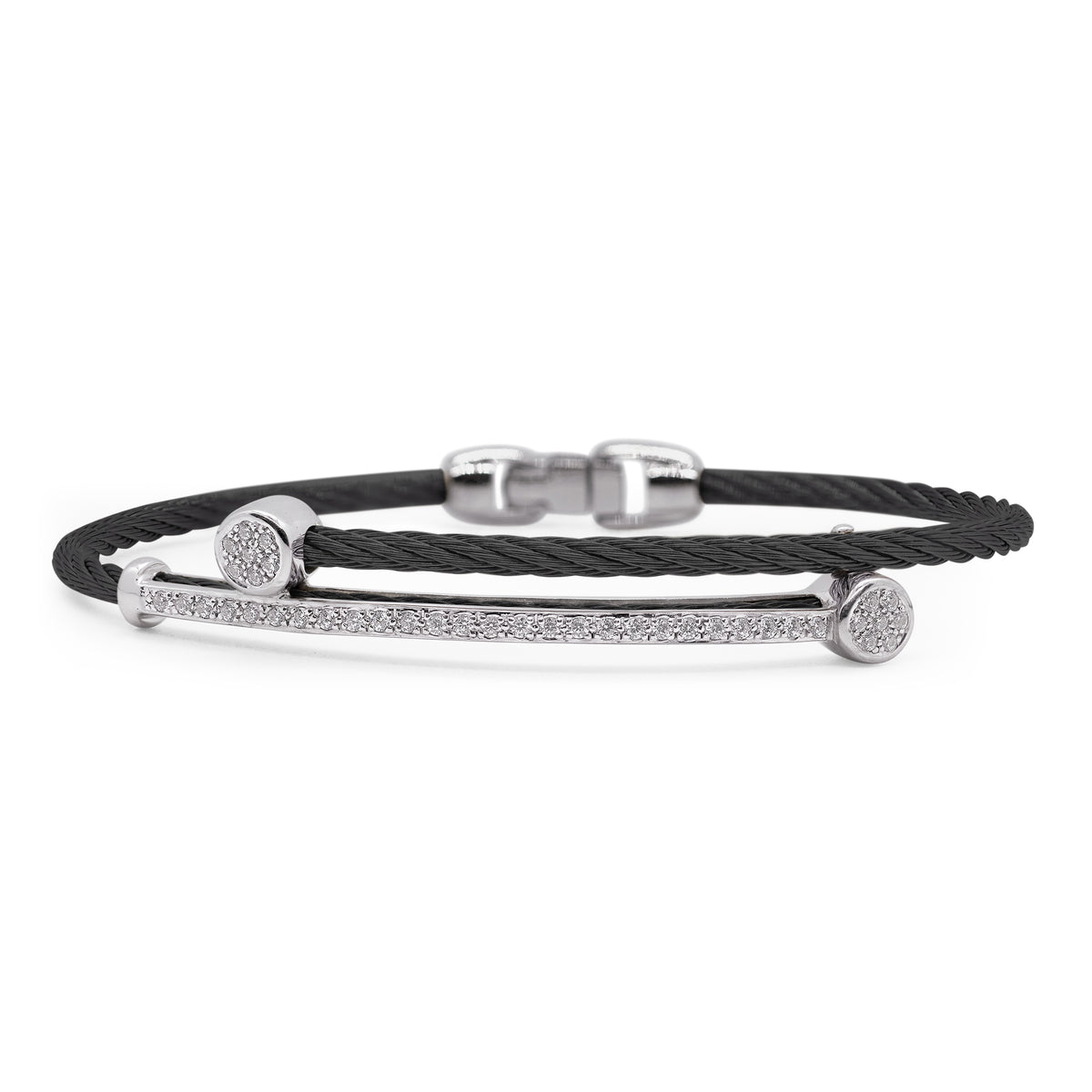 ALOR Stainless Steel and 14k White Gold Diamond Shift Bar Bracelet in Black