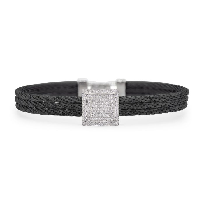 ALOR Stainless Steel and 14k White Gold Diamond Square Station Bracelet in Black