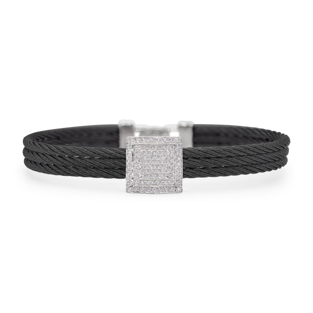 ALOR Stainless Steel and 14k White Gold Diamond Square Station Bracelet in Black