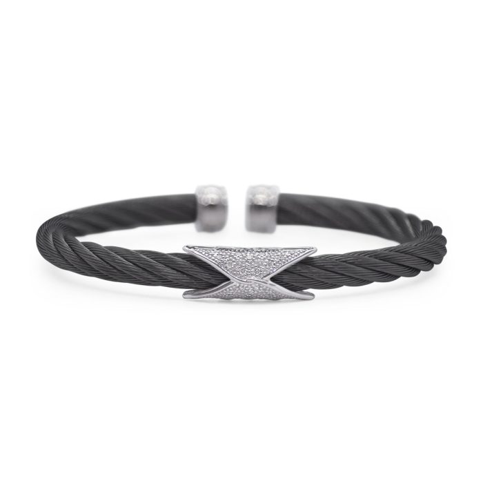 ALOR Stainless Steel and 18k White Gold Diamond 5mm Hourglass Cuff in Black