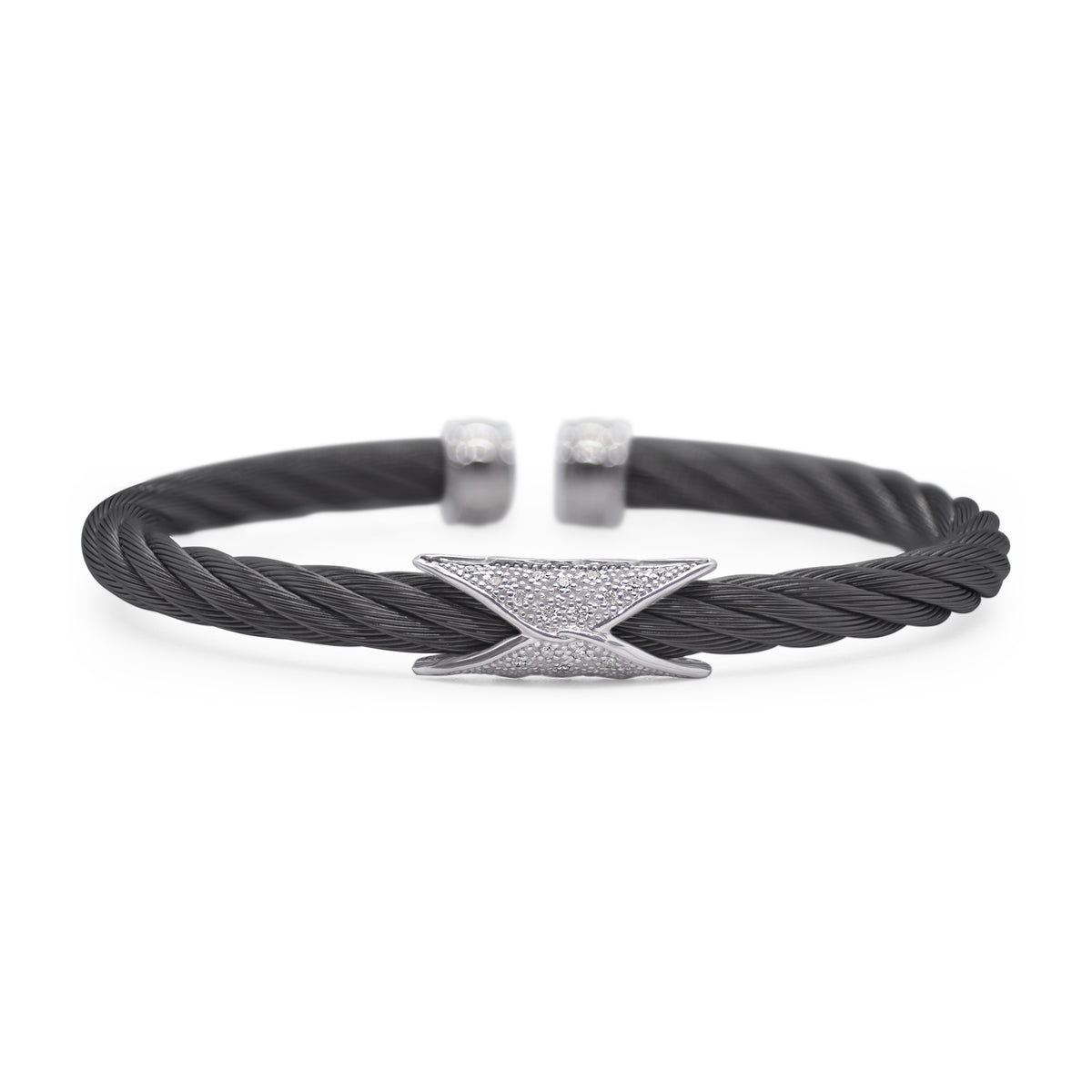 ALOR Stainless Steel and 18k White Gold Diamond 5mm Hourglass Cuff in Black