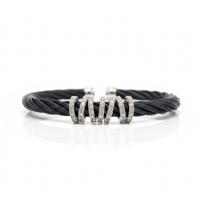 ALOR 14k White Gold and Black Stainless Steel Halo 5mm Diamond Cuff