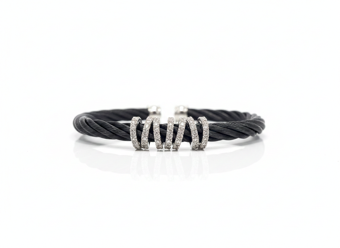 ALOR 14k White Gold and Black Stainless Steel Halo 5mm Diamond Cuff