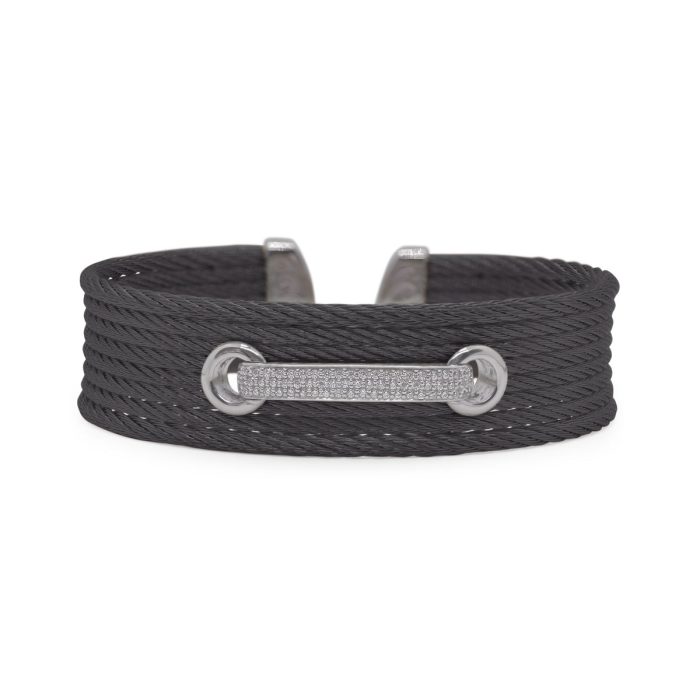 ALOR Lace-Up Stainless Steel and 18k White Gold Diamond Black Cable Cuff