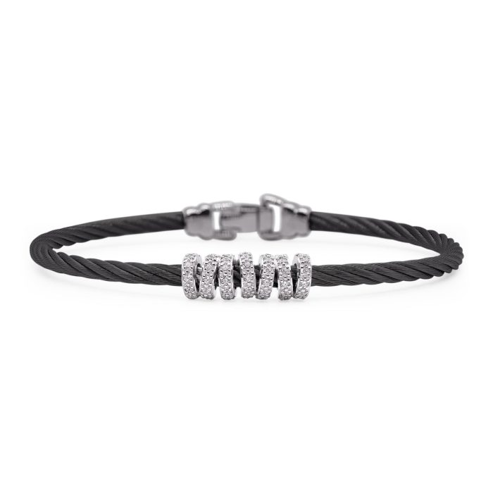 ALOR Stainless Steel and 14k White Gold Diamond Wide Halo Bracelet in Black