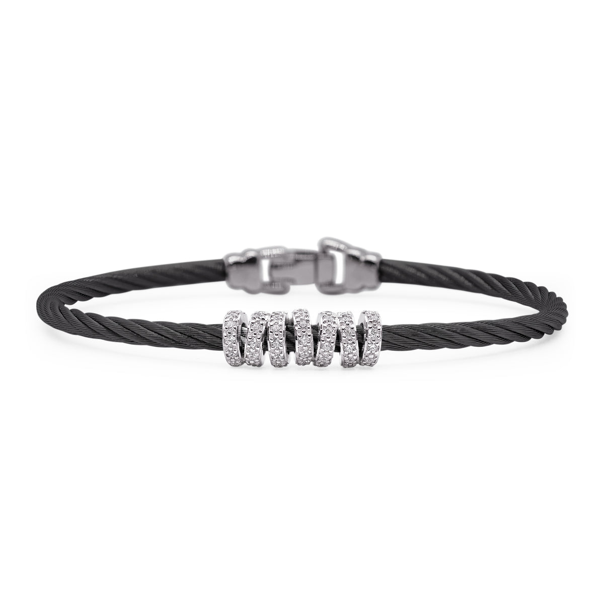 ALOR Stainless Steel and 14k White Gold Diamond Wide Halo Bracelet in Black