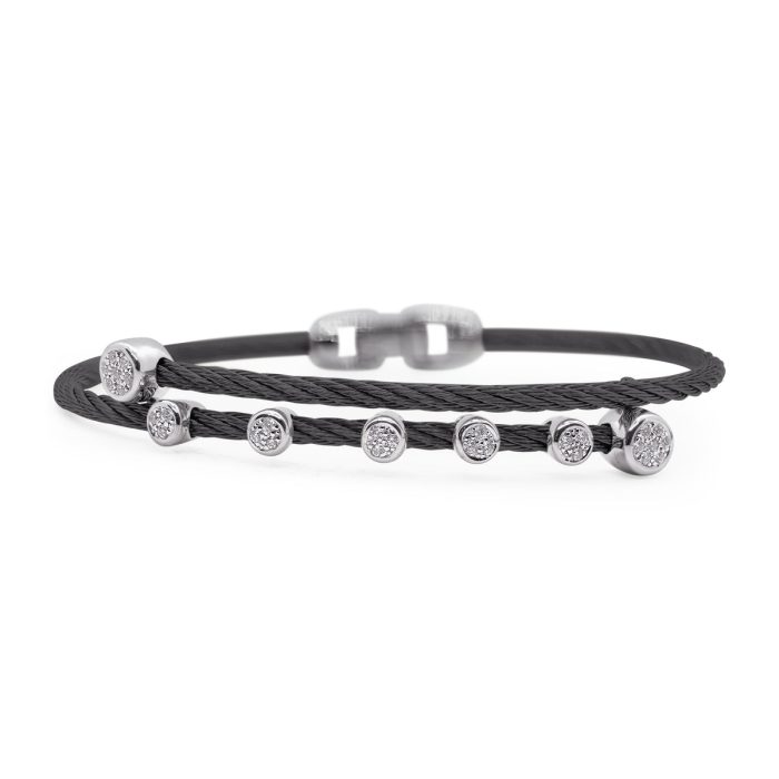 ALOR Stainless Steel and 14k White Gold Diamond Shift Bracelet in Black