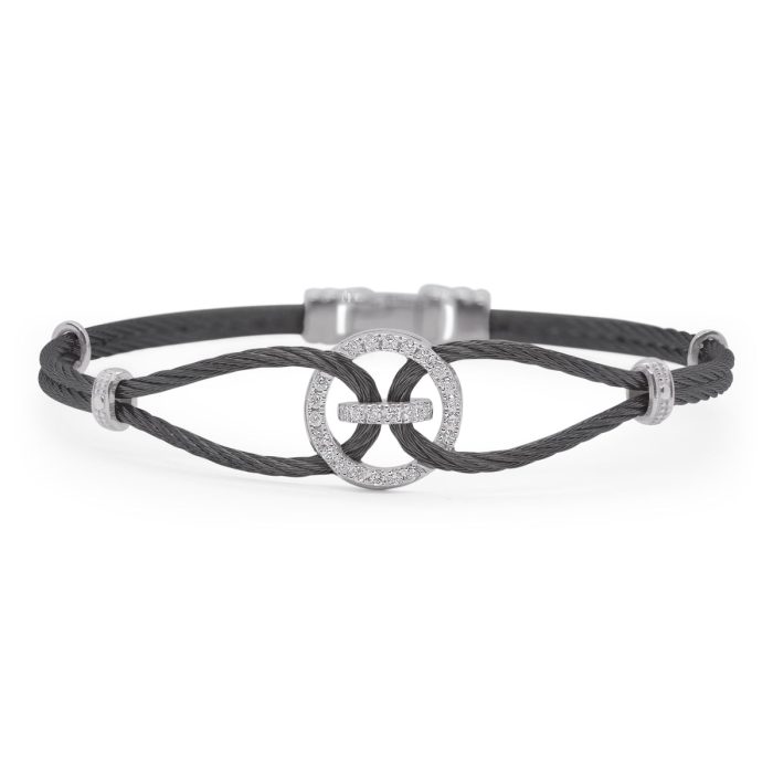ALOR Stainless Steel and 18k White Gold Diamond Open Lasso Bangle in Black