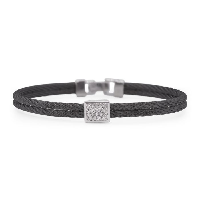 ALOR Stainless Steel and 18k White Gold Diamond Single Cube Station Bangle in Black