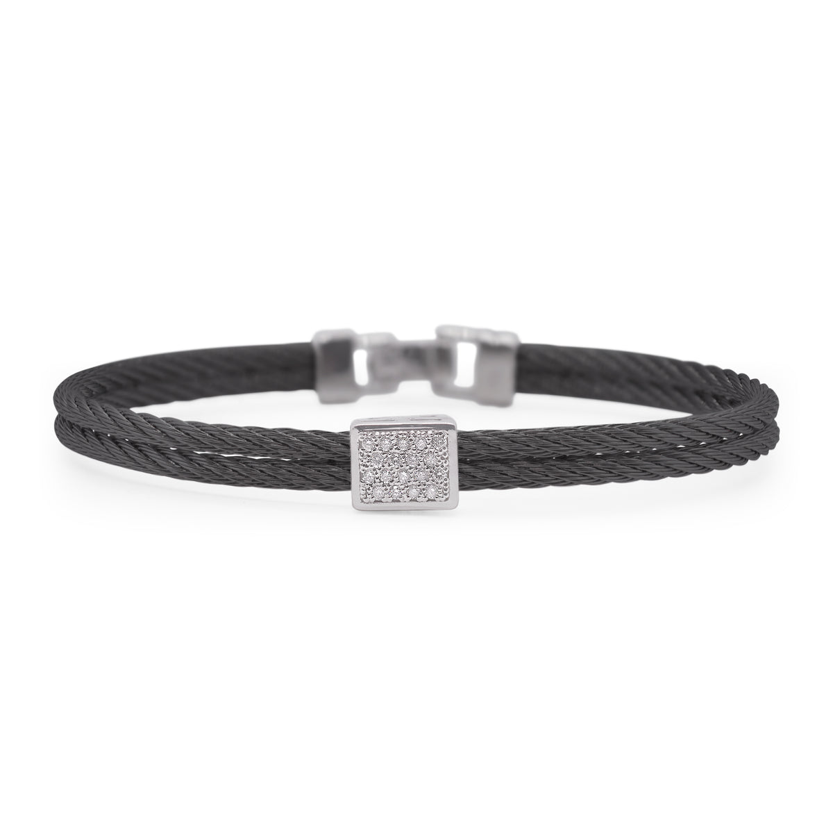 ALOR Stainless Steel and 18k White Gold Diamond Single Cube Station Bangle in Black