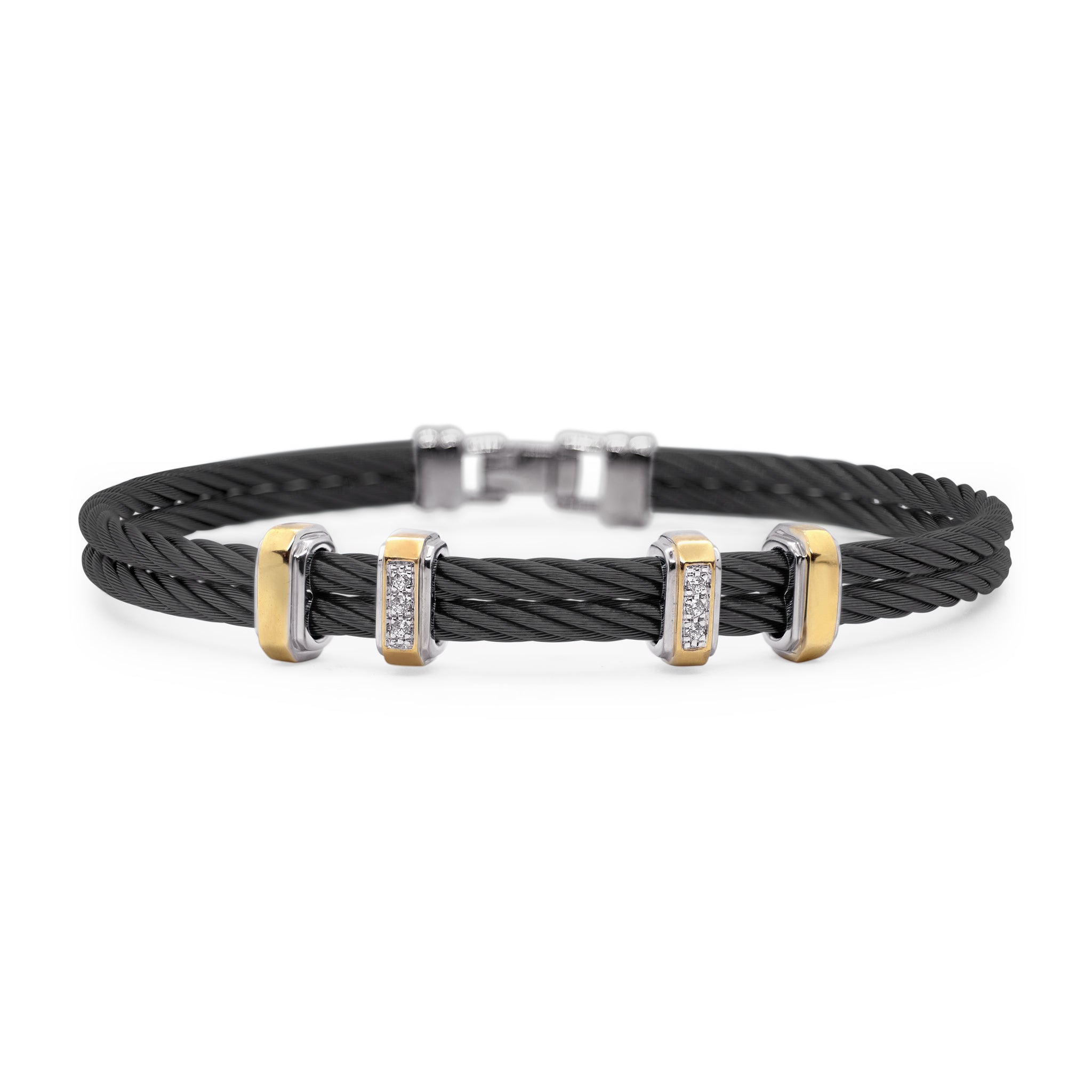 ALOR Men's 14k Yellow Gold and Black Stainless Steel Diamond Multi Station Bracelet