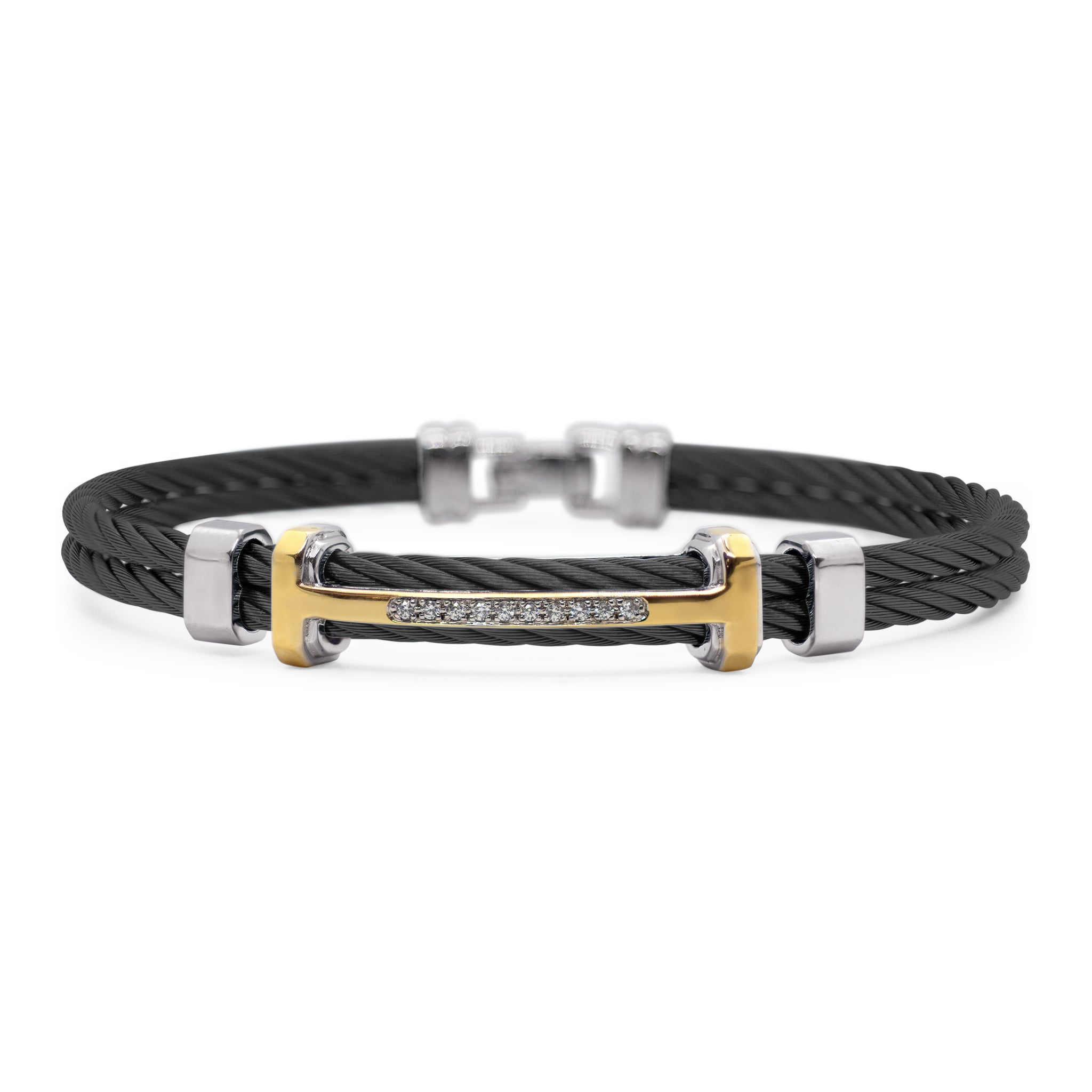 ALOR Men's Black Stainless Steel and Yellow Gold Diamond Multi Bar Bracelet