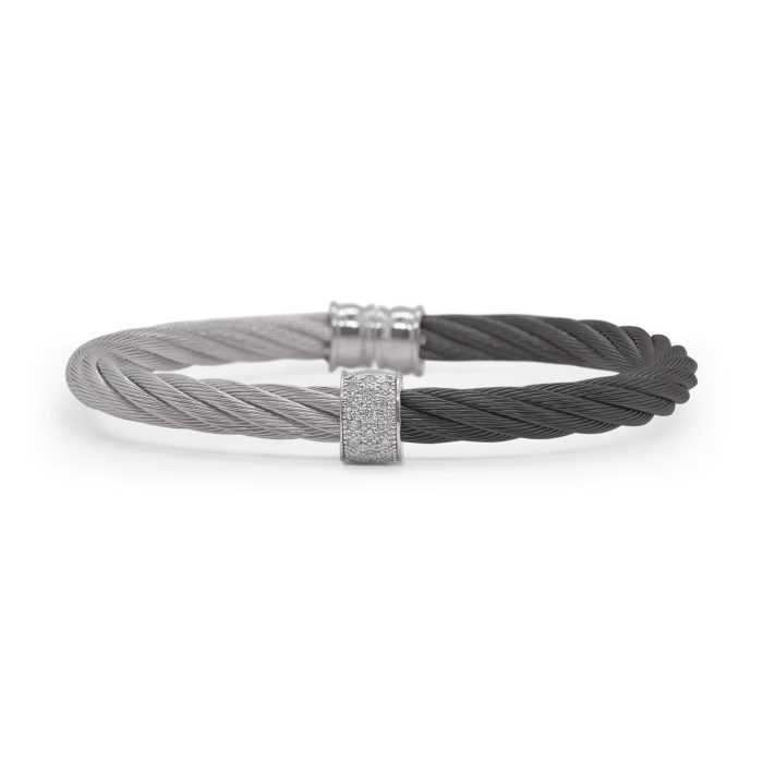 ALOR Stainless Steel and 18k White Gold Diamond 5mm Single Barrel Cuff in Black and Grey