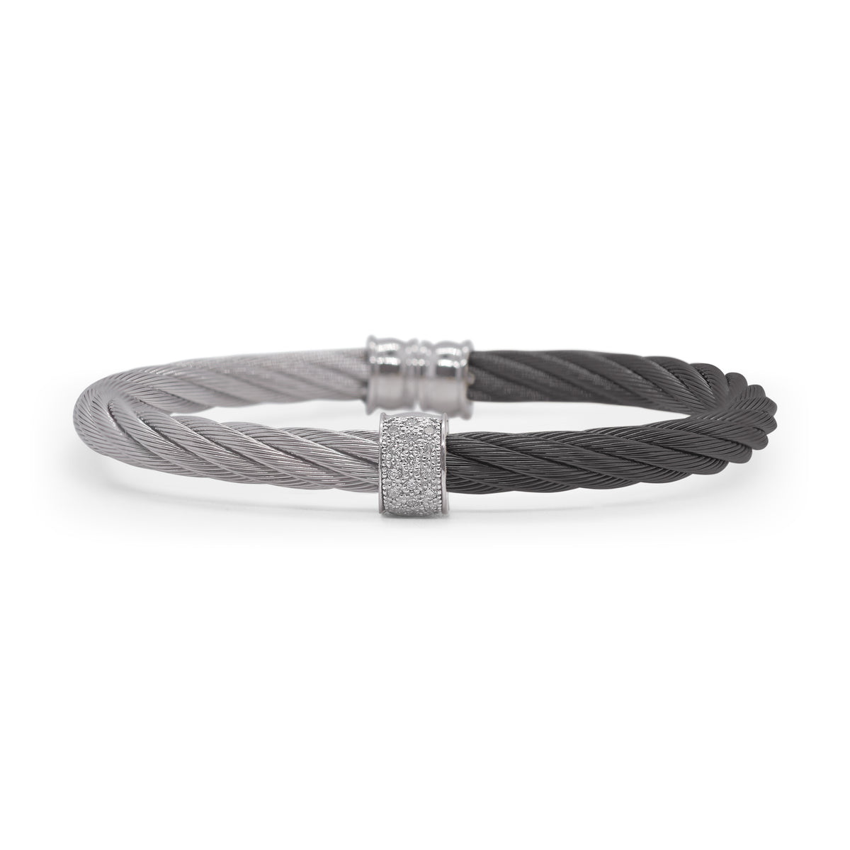 ALOR Stainless Steel and 18k White Gold Diamond 5mm Single Barrel Cuff in Black and Grey