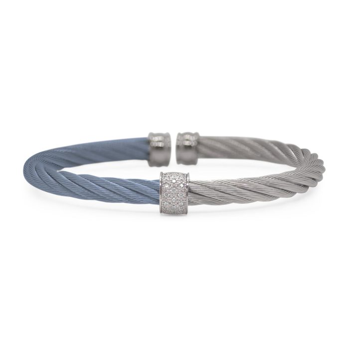 ALOR Stainless Steel and 18k White Gold Diamond 5mm Single Barrel Cuff in Caribbean Blue and Grey