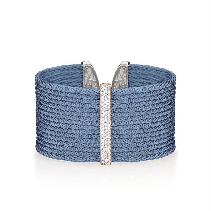 ALOR Signature Large Stainless Steel and 18k Rose Gold Diamond Caribbean Blue Cable Cuff