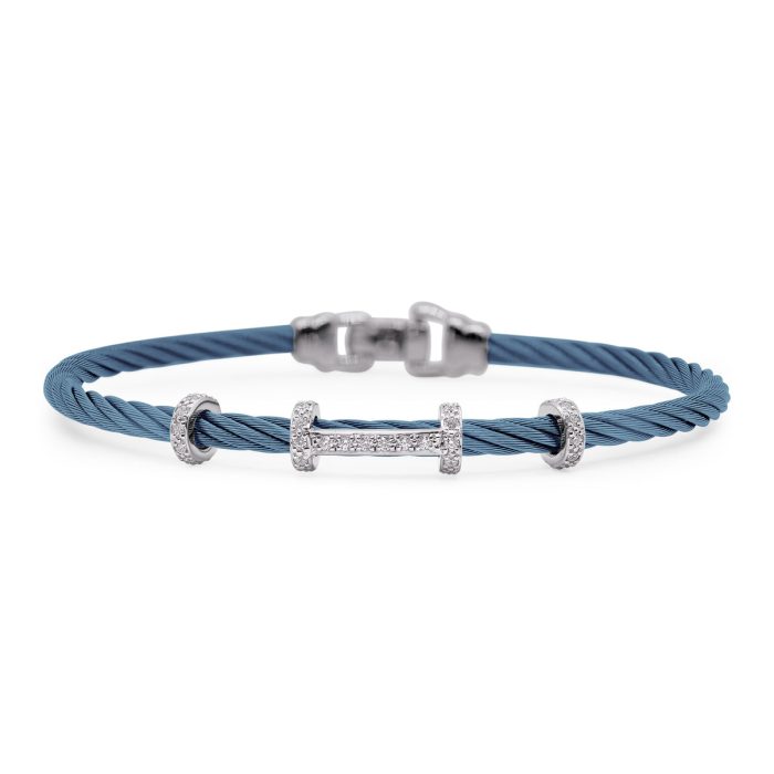 ALOR Stainless Steel and 14k White Gold Diamond Wide Halo Harmony Bracelet in Caribbean Blue